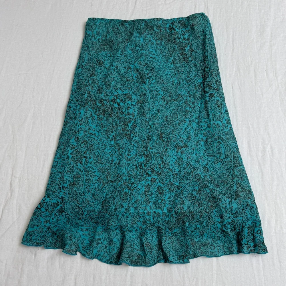 Vintage Y2K 90’s Asymmetrical Ruffle Hem Lapis Blue Floral Print Skirt Size M